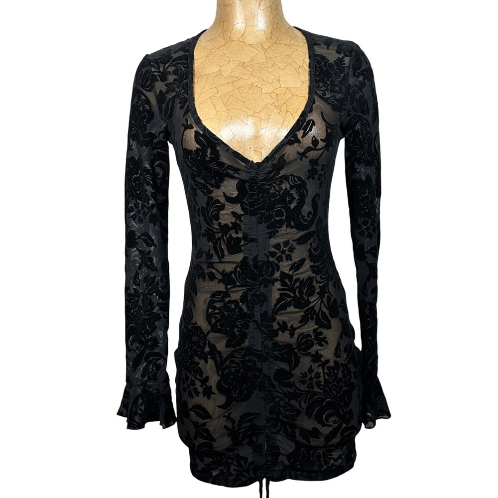 Black Floral Burnout Velvet Sheer Ruched Bodycon Mini Dress XS whimsigoth goth‎